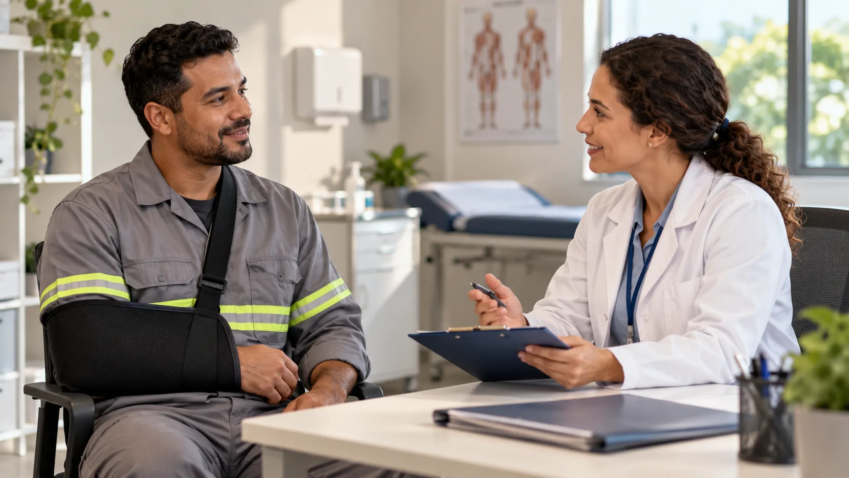 Trabalhador em recuperação conversa com profissional de saúde ocupacional
