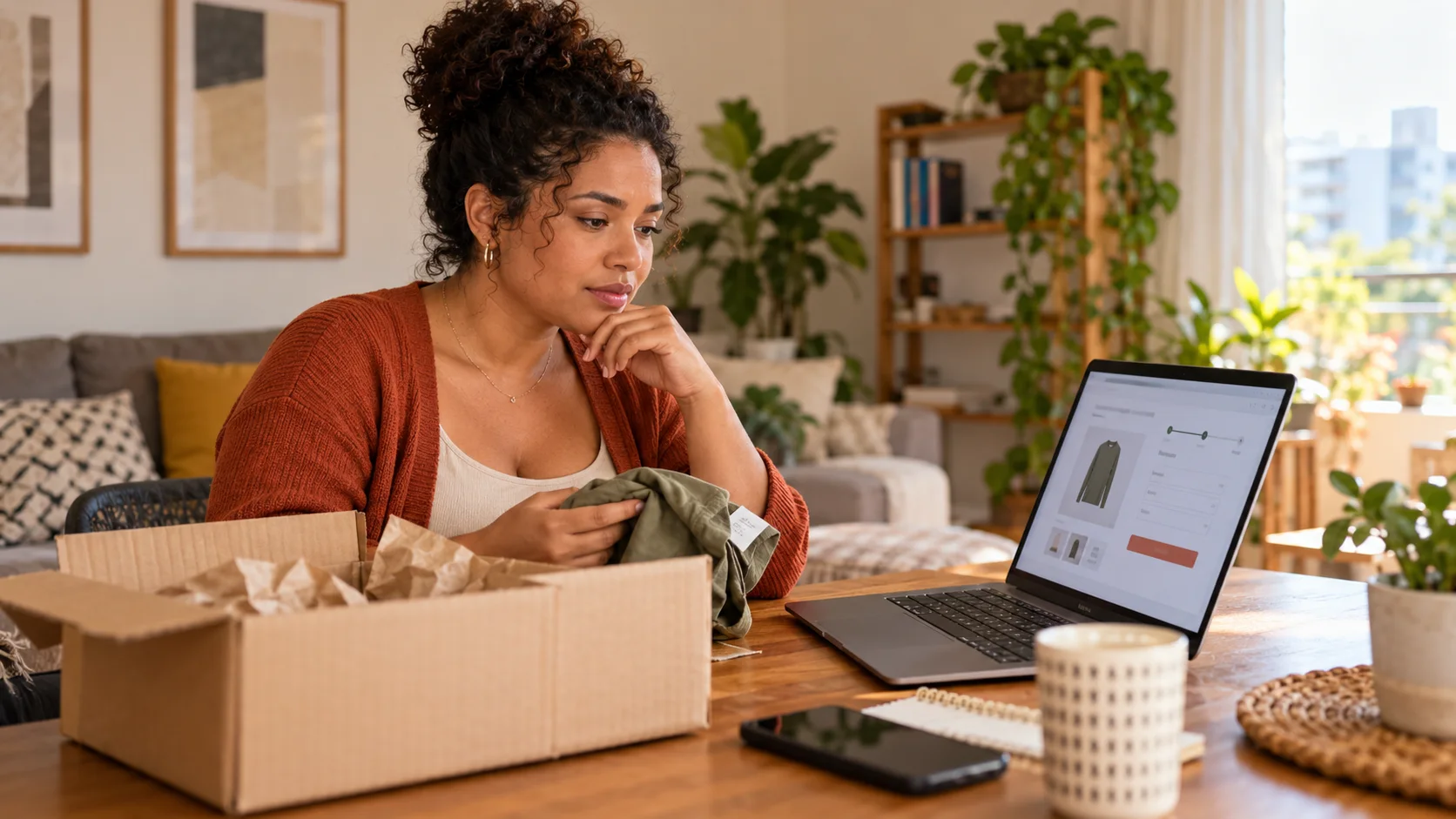 Consumidora avalia uma compra on-line e prepara a devolução do produto