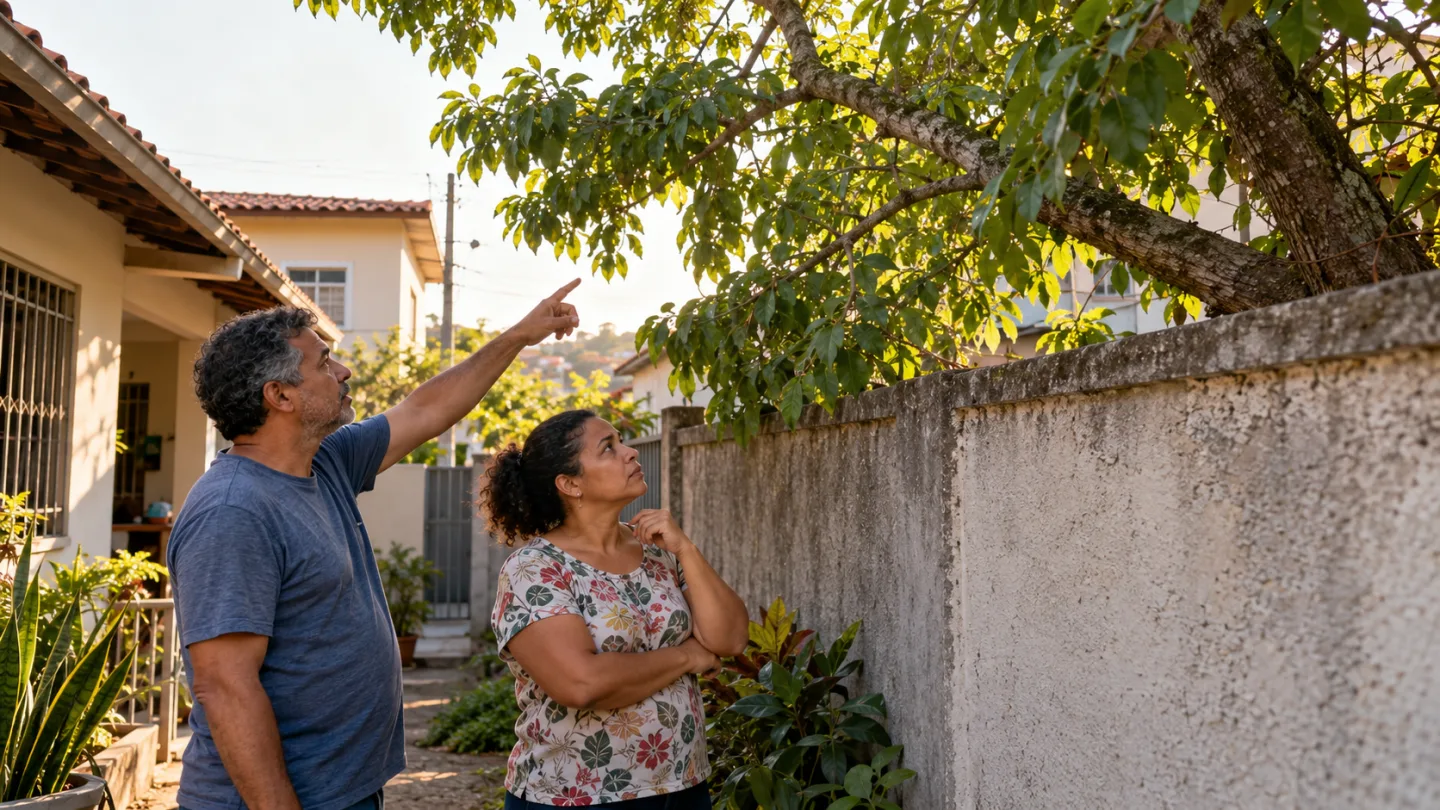 Dois vizinhos observam galhos de árvore que avançam sobre o muro entre as casas
