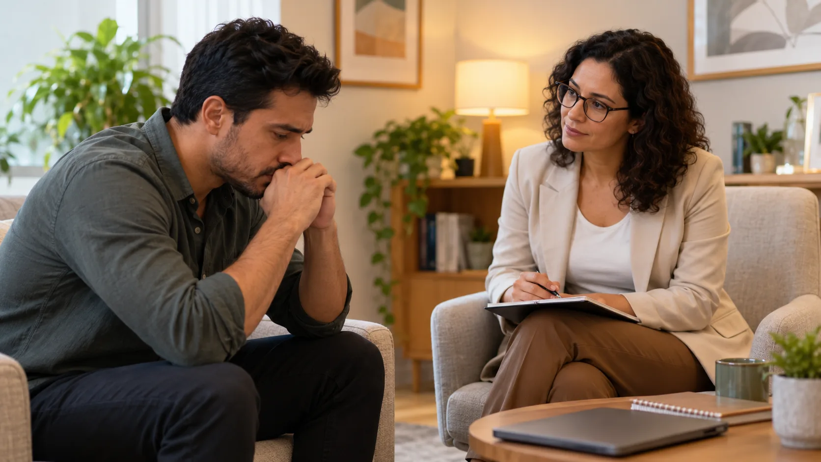 Profissional com esgotamento conversa com psicóloga sobre saúde mental
