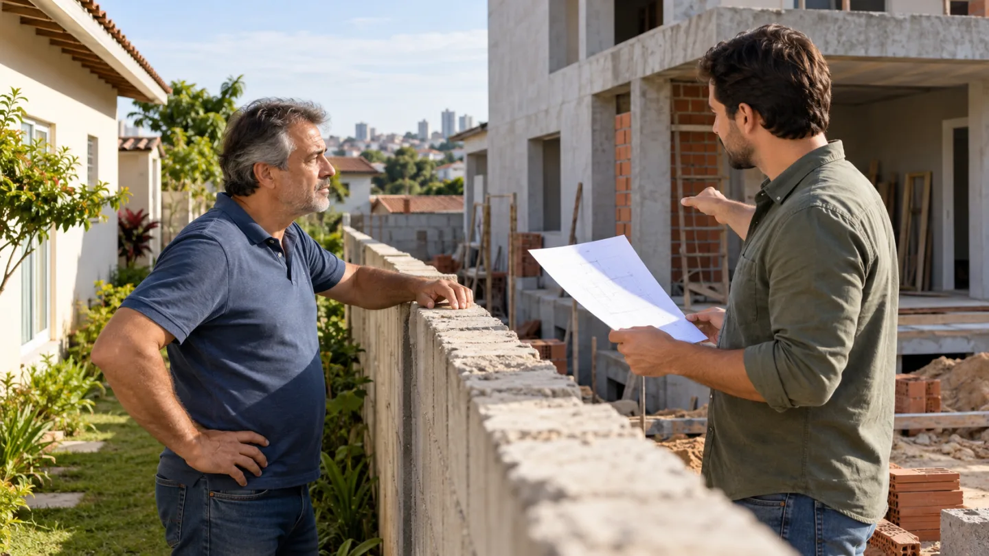 Vizinhos conversam junto ao muro sobre uma construção na divisa dos terrenos