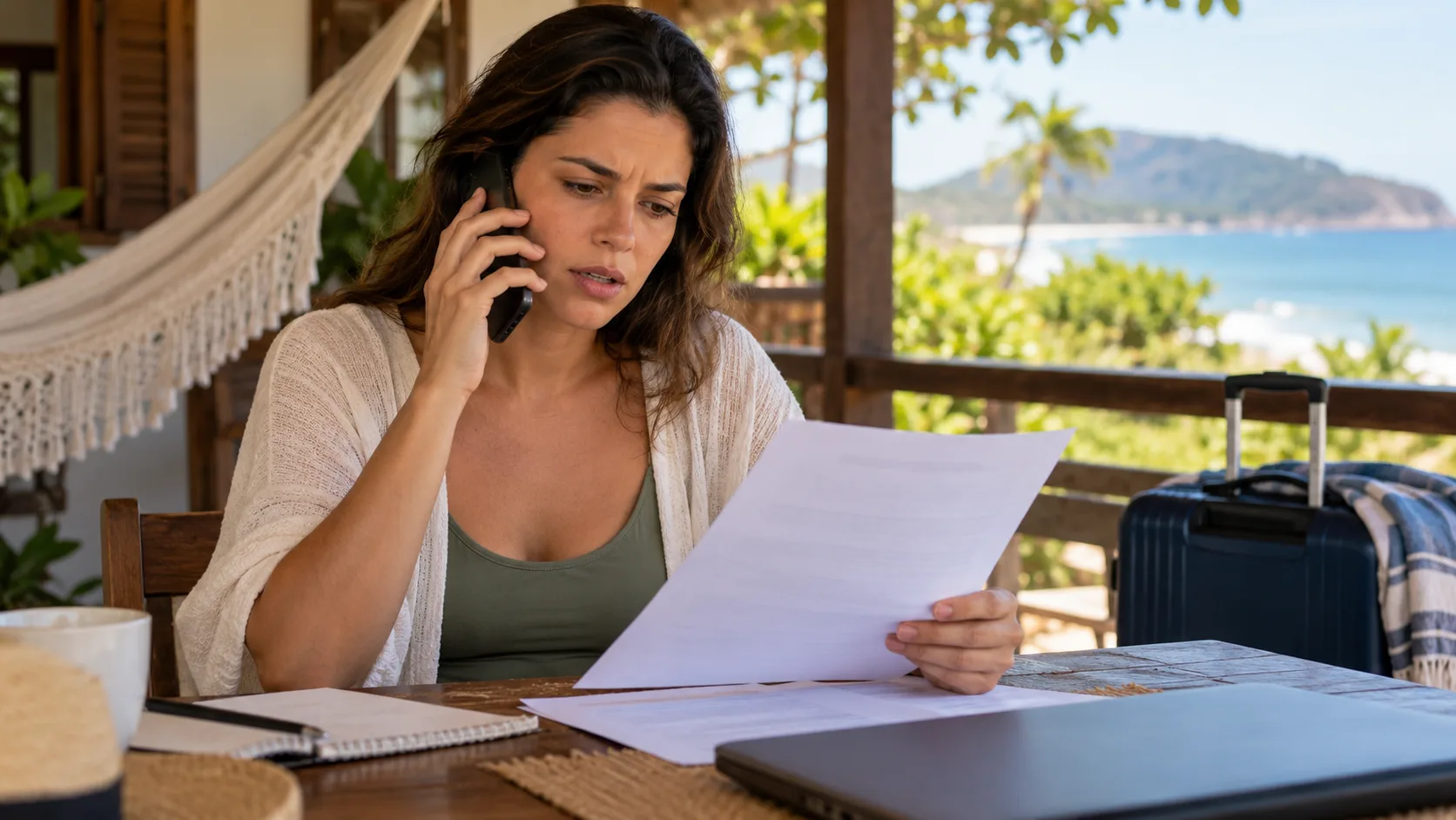 Trabalhadora em férias recebe comunicação profissional e consulta documentos sobre uma possível demissão