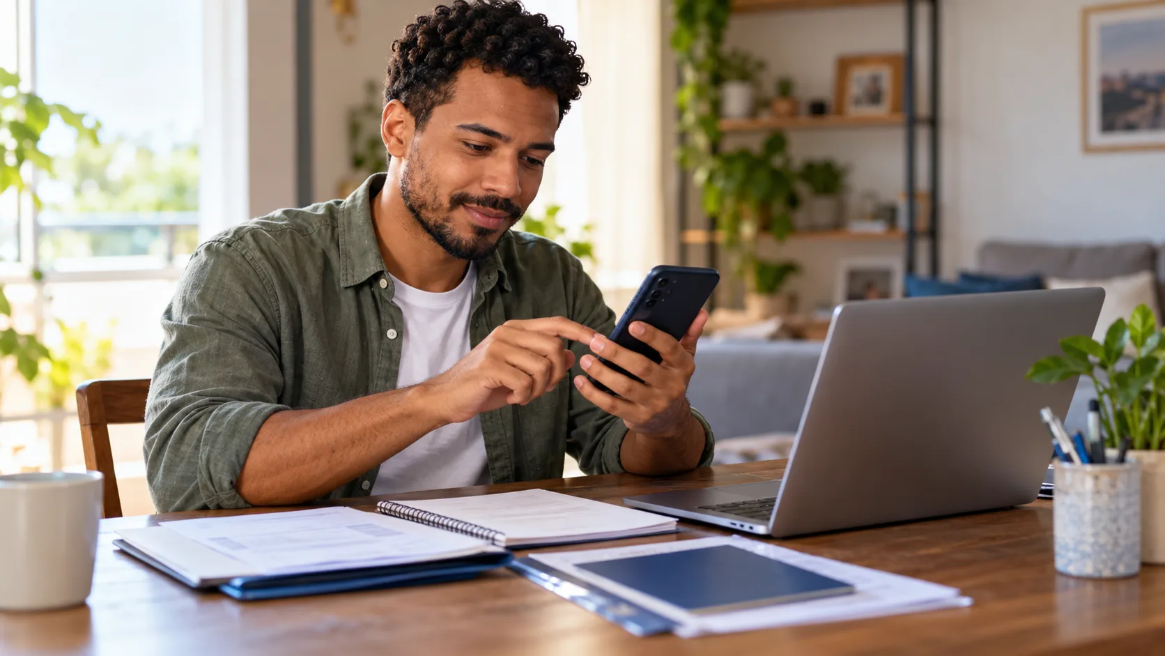 Trabalhador usa o celular para solicitar seguro-desemprego com documentos organizados