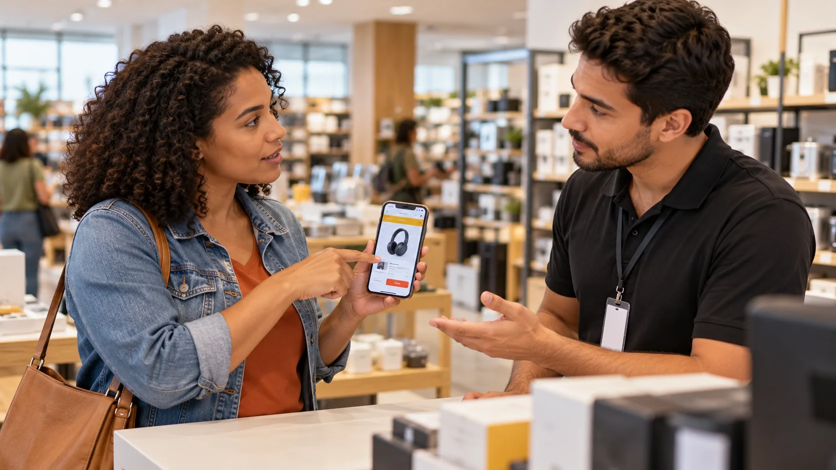 Consumidora mostra anúncio no celular para conferir oferta com atendente