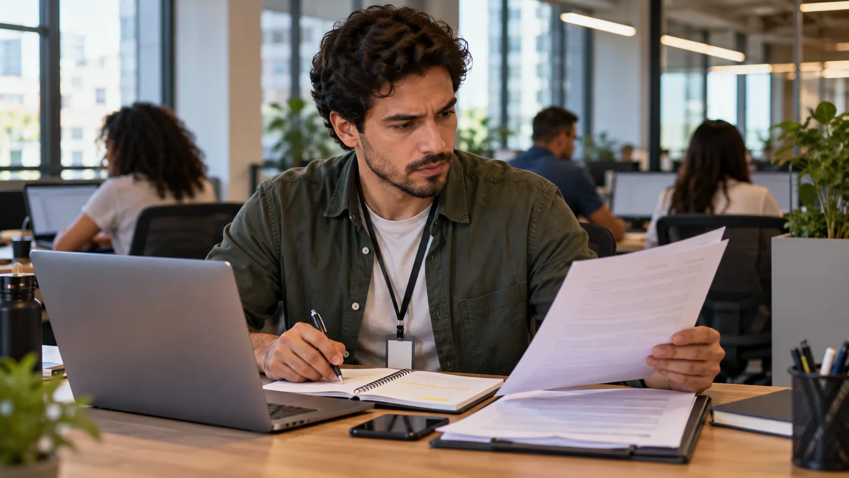 Profissional PJ confere contrato e rotina corporativa