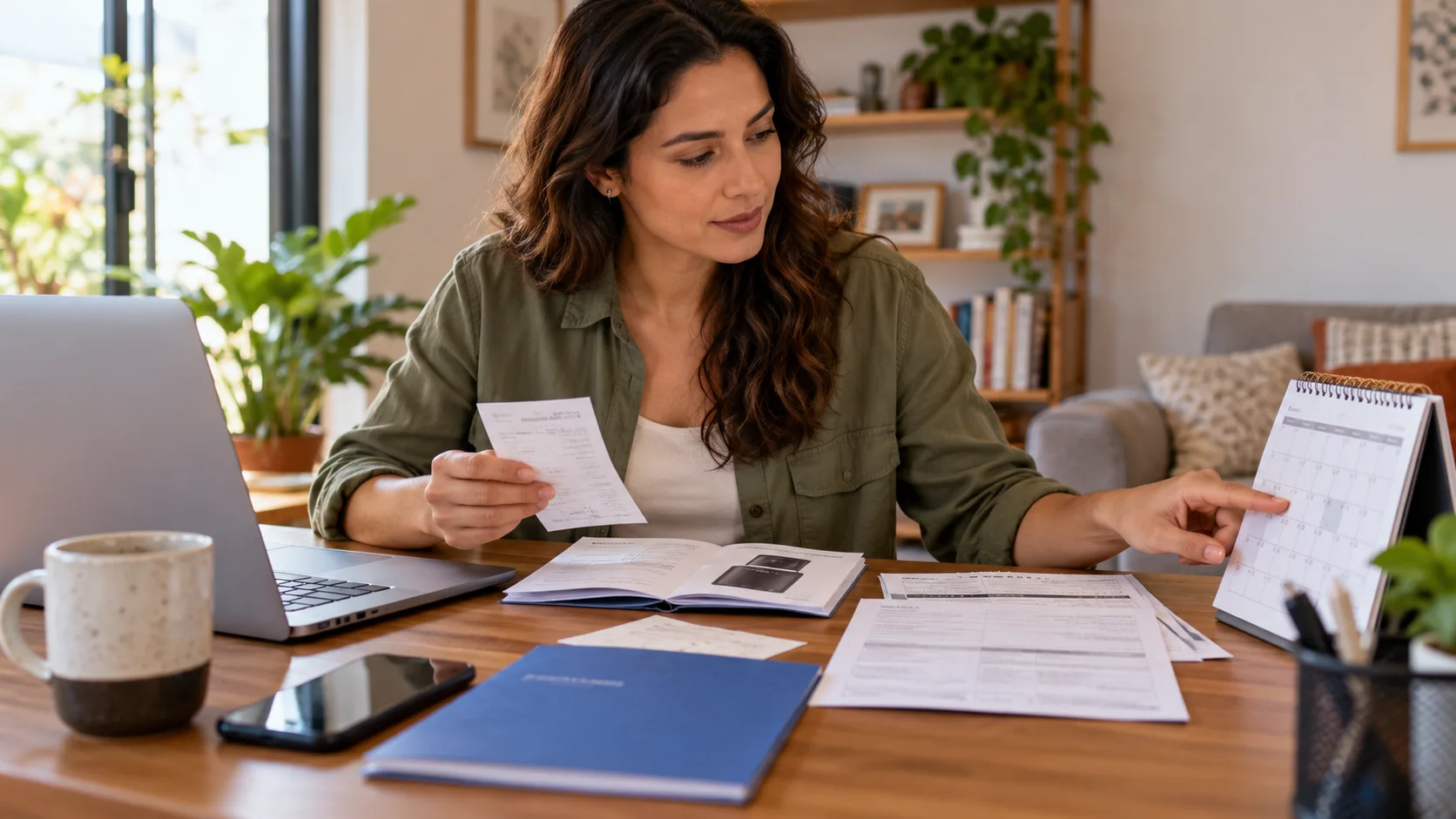 Consumidora confere recibo, certificado e calendário para acompanhar uma garantia
