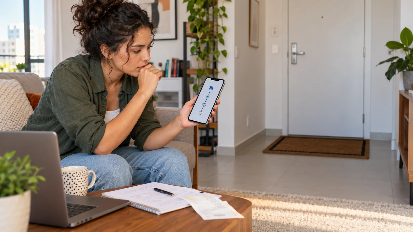 Consumidora acompanha no celular uma entrega que não chegou no prazo