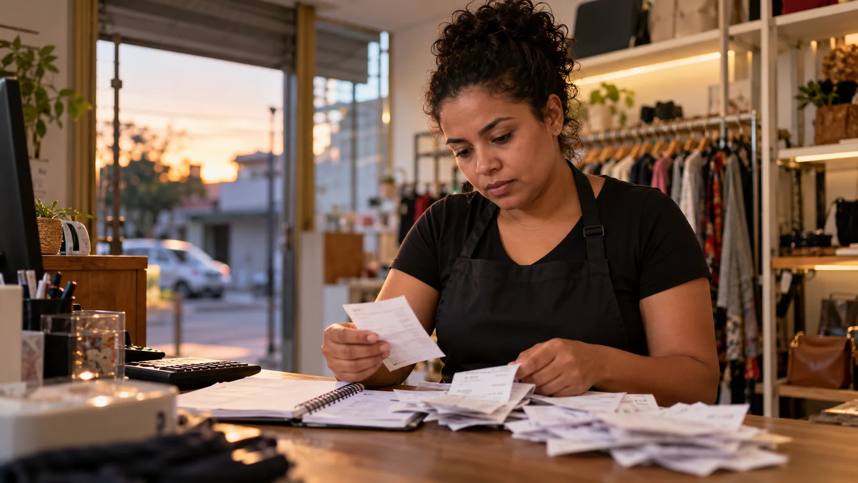 Trabalhadora de comércio organiza recibos e registros de um período trabalhado sem carteira assinada